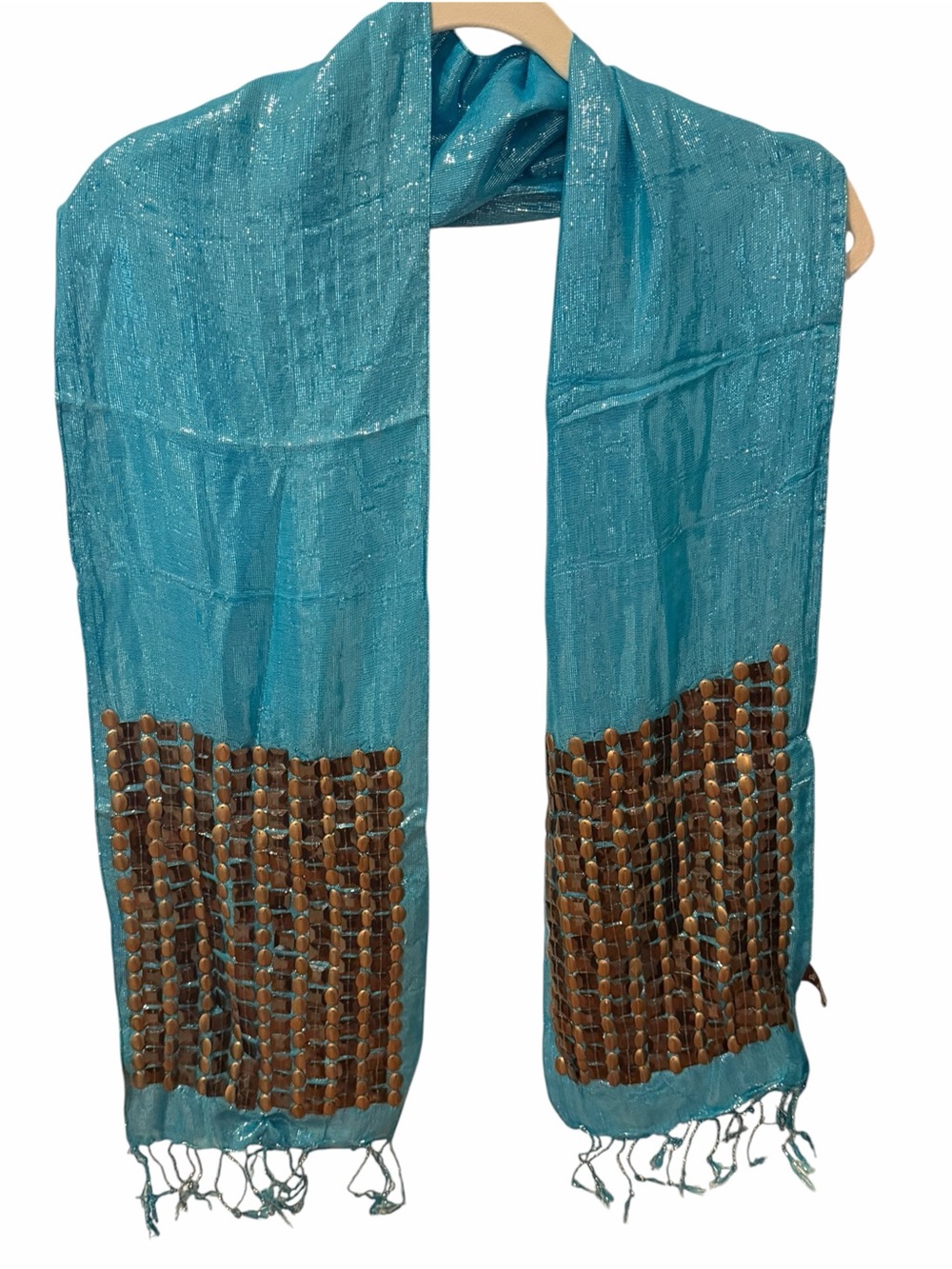 Raj Teal Metallic Embellished Cotton Skinny Scarf Fringe One Size NWT